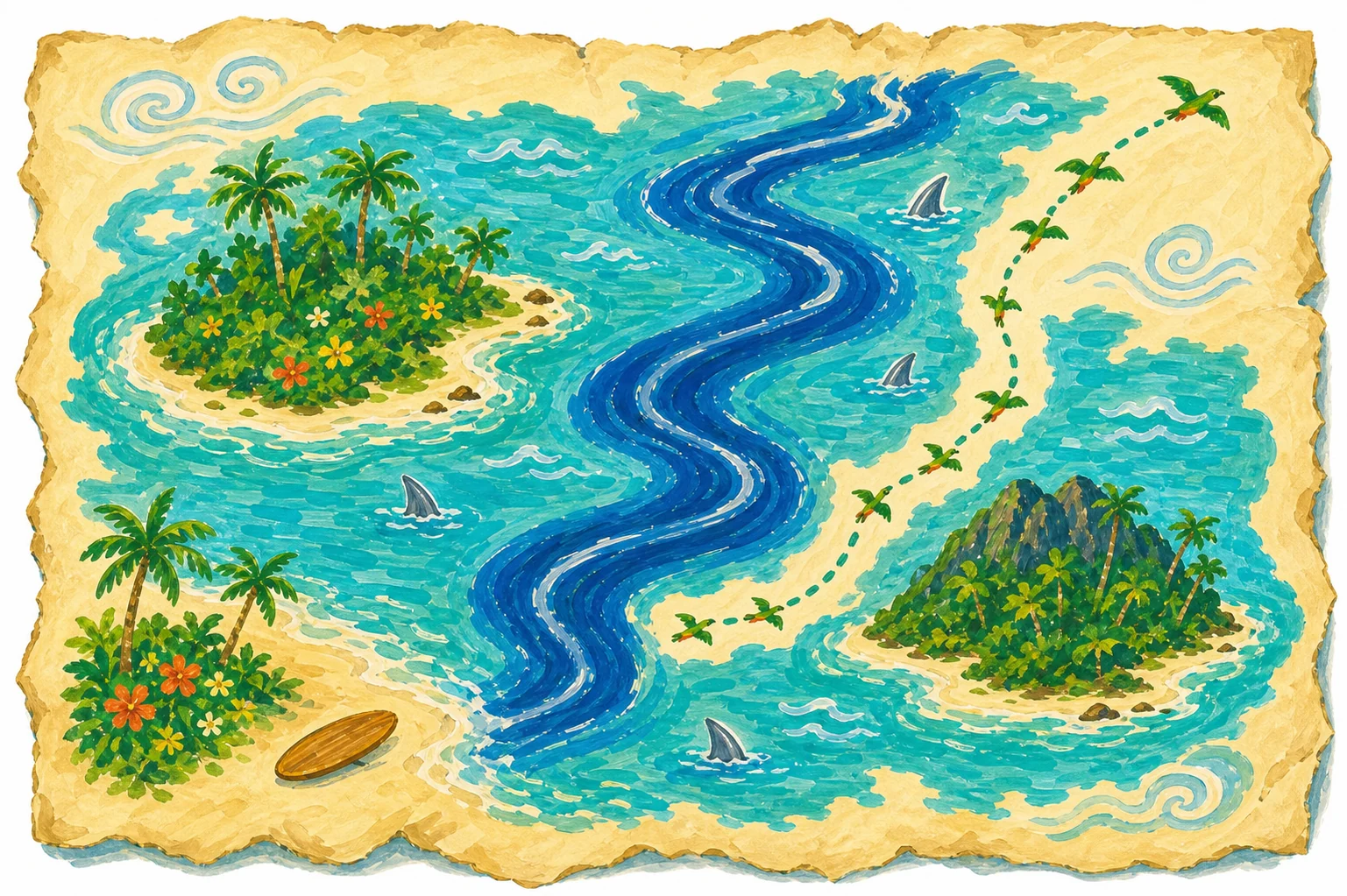 A child's hand-drawn treasure map: the South Shore, the Pineapple Waterway winding as an amber road, two small islands, tiny silver fins, and a dotted line of green birds flying all the way home.